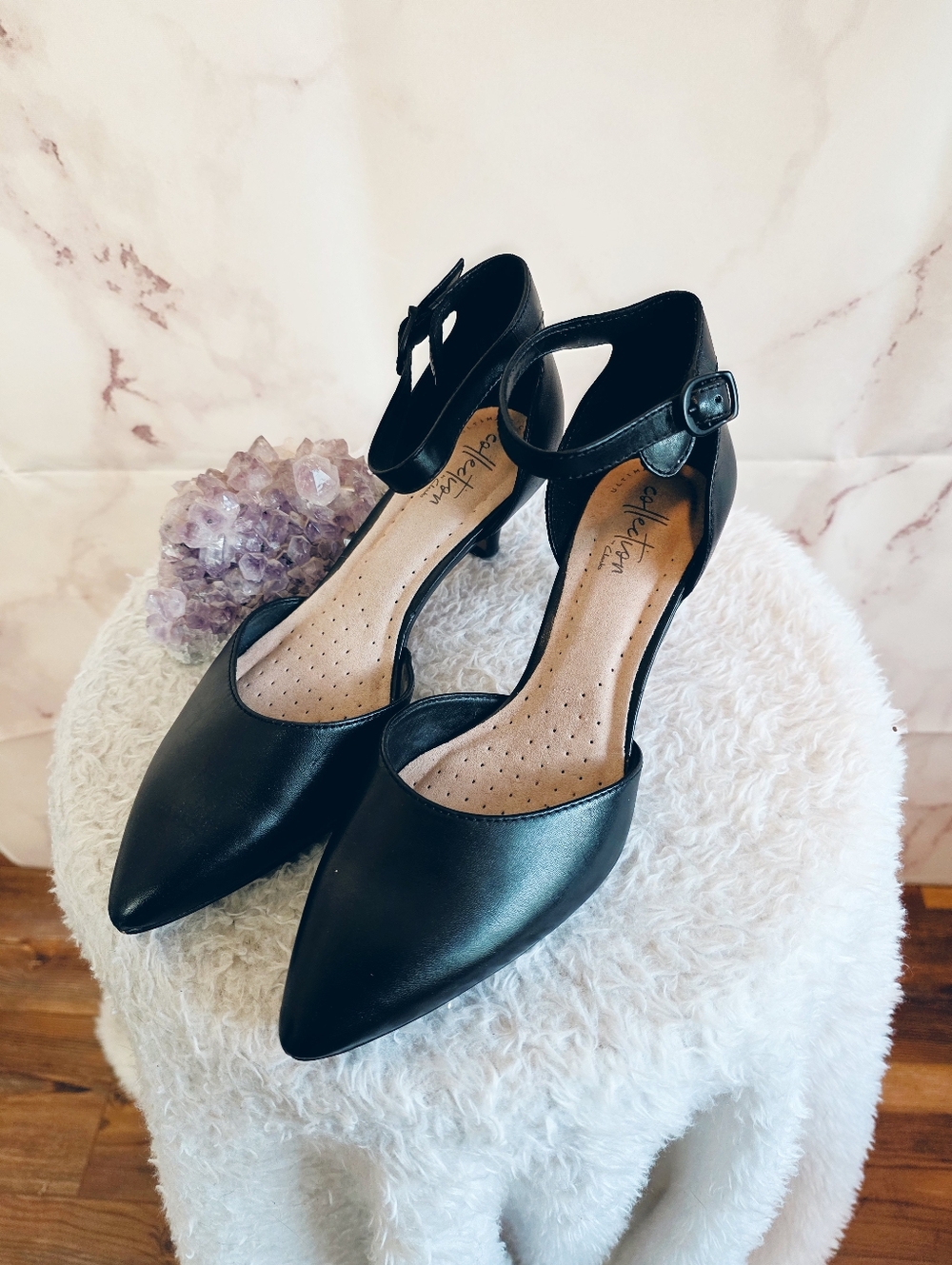 Clarks Collection Black Ankle Strap Heels Size 6.5 Comfort Kitten Heel 1" Work - Picture 5 of 9